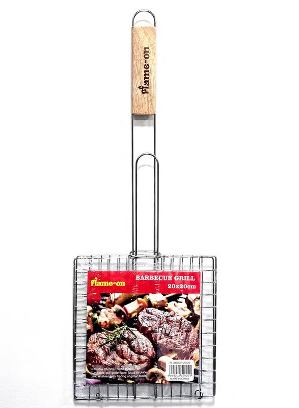 Flame-on شواية باربكيو بمقبض خشبي – رف شواية محمولة 20×20 سم، خفيفة الوزن ومتينة للتخييم والطهي في الهواء الطلق - Image 1